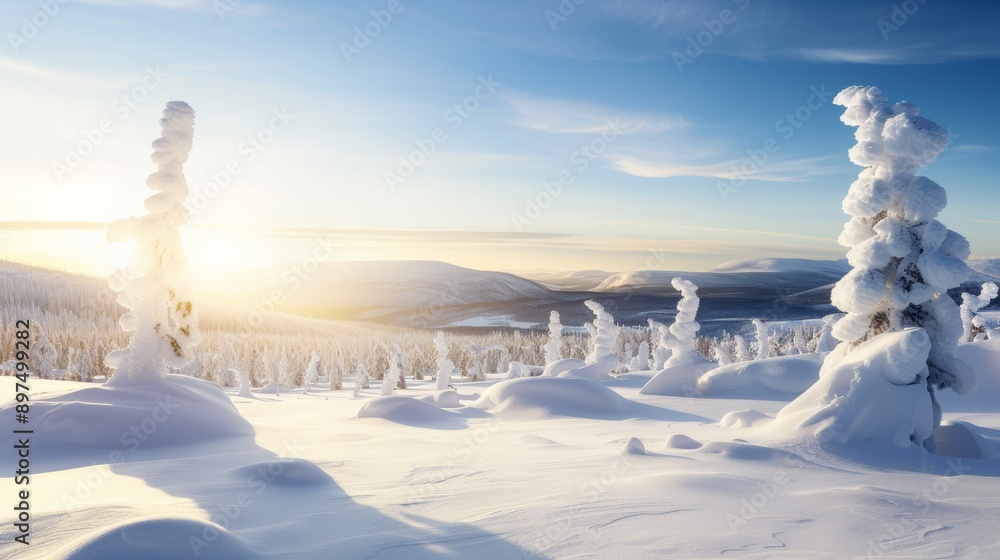 A snowy landscape with two trees in the foreground A snowy landscape with two trees in the foreground