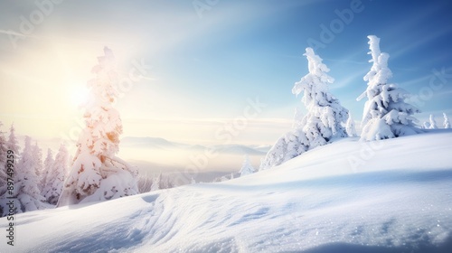 A snowy landscape with three pine trees in the foreground © Space Priest