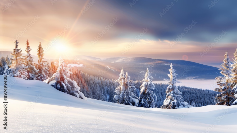 A snowy landscape with a bright sun shining through the trees