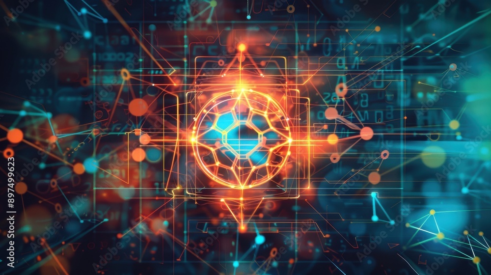 Obraz premium An abstract representation of nuclear medicine, using geometric shapes and vibrant colors to depict the process of radioactive tracer imaging, set against a dark background to create a visually