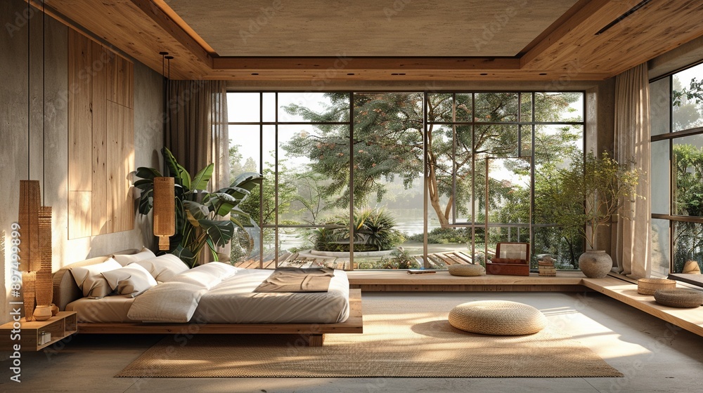 Bedroom with minimalist decor white linens natural wood accents large window clean lines modern Scandinavian illustration Bedroom with minimalist decor white linens natural wood accents large window clean lines modern Scandinavian illustration