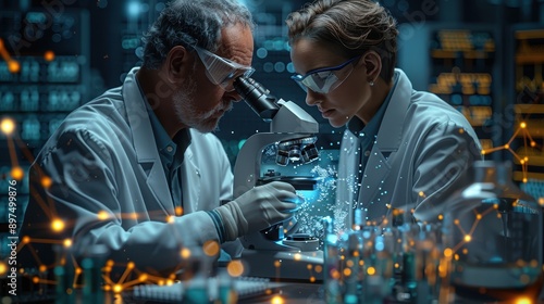 Hyper-Realistic Biochemist in DNA Research Lab with High-Tech Microscope and Molecular Models - Ultrarealistic Digital Illustration in 8K Resolution