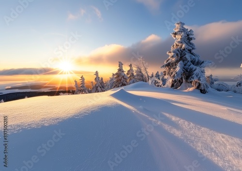 A snowy hillside with a tree in the foreground