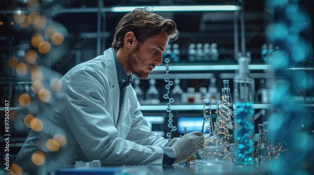 Hyper-Realistic Molecular Biology Experiment Scene with Scientist in Lab Coat and Advanced Equipment in Ultra HD 8K Resolution Hyper-Realistic Molecular Biology Experiment Scene with Scientist in Lab Coat and Advanced Equipment in Ultra HD 8K Resolution
