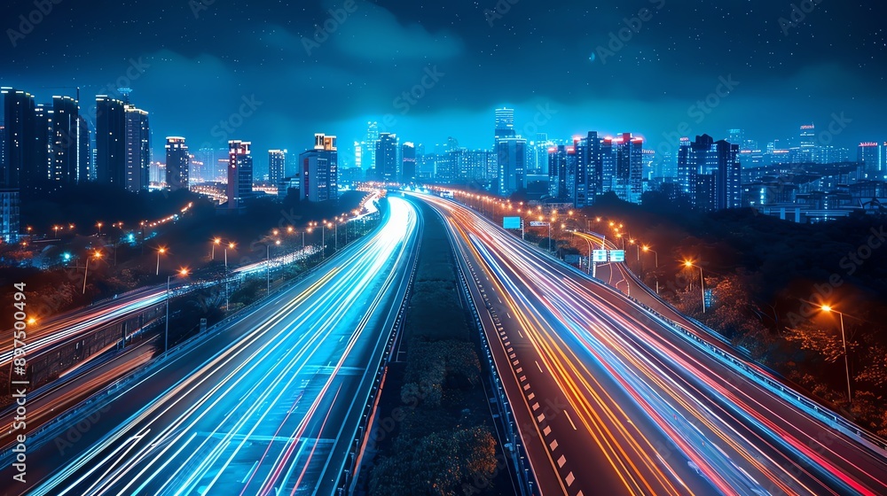 Fototapeta premium Vibrant cityscape at night capturing light trails on a busy highway, showcasing urban life and dynamic motion.