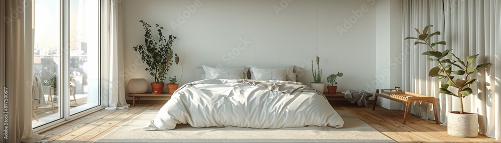 Bedroom with minimalist decor white linens natural wood accents large window clean lines modern Scandinavian illustration Bedroom with minimalist decor white linens natural wood accents large window clean lines modern Scandinavian illustration