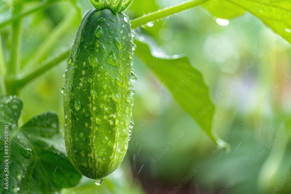 Micro close up of a fresh hanged cucumber with water drops dew as wide banner with copy space area Micro close up of a fresh hanged cucumber with water drops dew as wide banner with copy space area