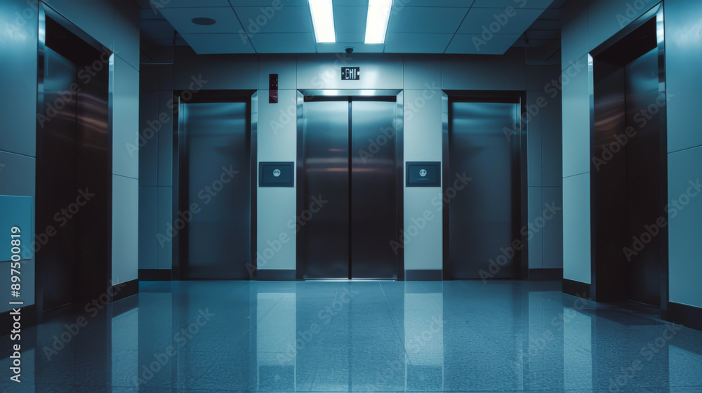 Spacious space with a metal elevator at the end of the corridor. Interior and design concept. Spacious space with a metal elevator at the end of the corridor. Interior and design concept.