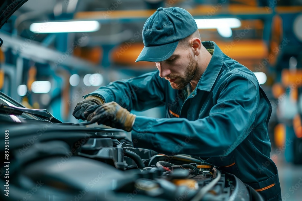 Automotive engineer performing diagnostics on a vehicle, Engineer, practical and skilled