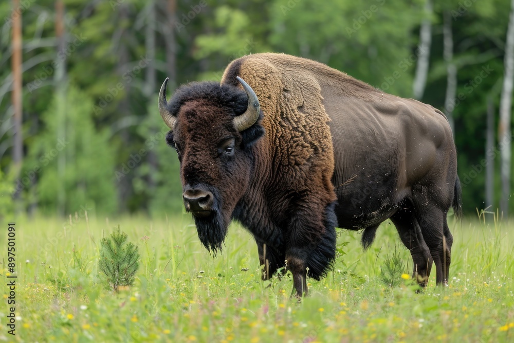 Mighty bison, edge of lush forest, bathed in light from a soft blue summer sky, exudes a serene, quiet power Mighty bison, edge of lush forest, bathed in light from a soft blue summer sky, exudes a serene, quiet power