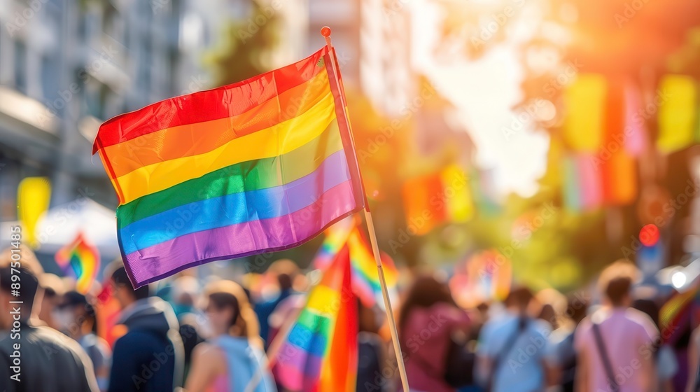 Vibrant scene capturing pride flag waving in sunlight, representing love and unity at a lively LGBTQ+ celebration in the city. Vibrant scene capturing pride flag waving in sunlight, representing love and unity at a lively LGBTQ+ celebration in the city.