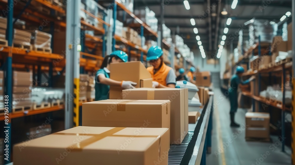 Workers efficiently packing boxes in a modern warehouse filled with shelves of products and organized logistics. Workers efficiently packing boxes in a modern warehouse filled with shelves of products and organized logistics.