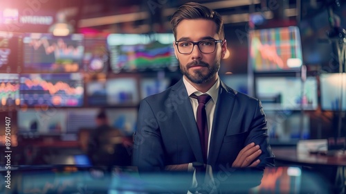 Serious businessman in suit standing confidently in a modern office with financial graphs and charts in the background.