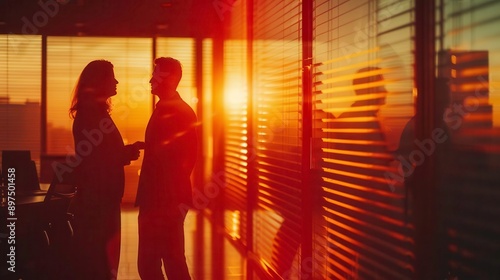 Two professionals engage in conversation against a sunset backdrop, symbolizing collaboration and connection in the workplace.