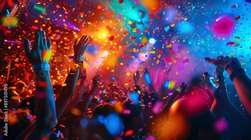 Vibrant celebration scene with cheering crowd, confetti, and colorful lights creating an energetic atmosphere of joy and excitement.