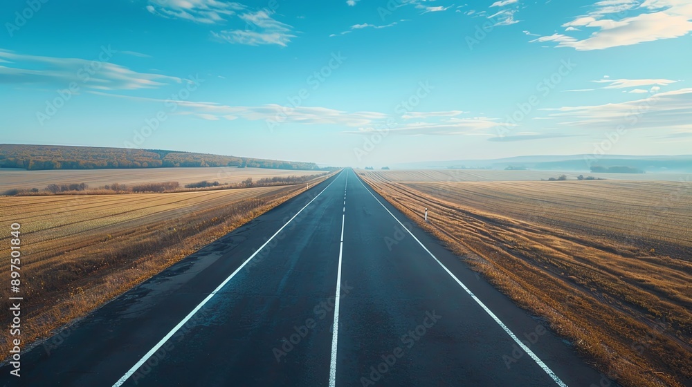 Naklejka premium A scenic aerial view of a long road stretching through golden fields under a bright sky, perfect for travel and adventure themes.