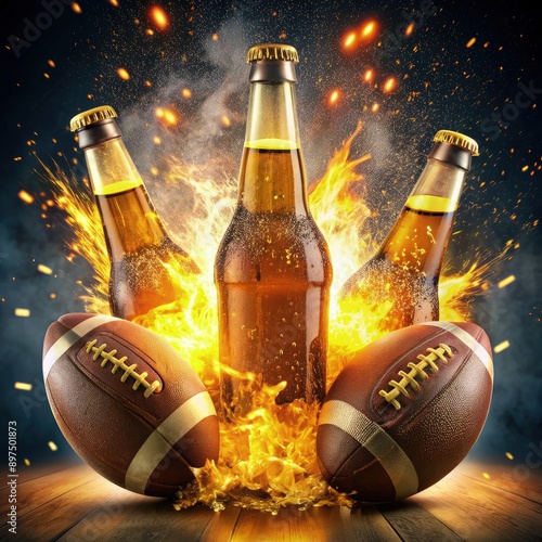 American Football and Beer Bottles in a Flaming Setting. Generative AI photo