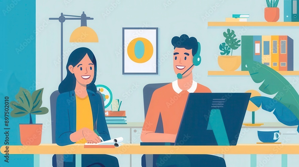 A vibrant office scene with two professionals smiling and engaging in a video call, showcasing teamwork and productivity. A vibrant office scene with two professionals smiling and engaging in a video call, showcasing teamwork and productivity.