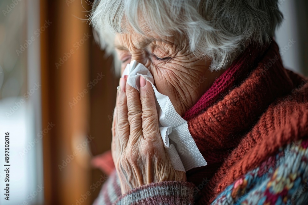 old woman blowing nose with tissue due to cold, flu or allergy old woman blowing nose with tissue due to cold, flu or allergy