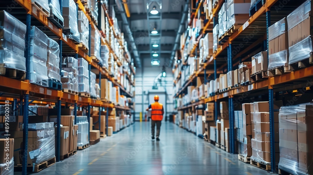 Fototapeta premium A warehouse worker walks through an aisle filled with stacked boxes, showcasing efficient organization and industrial storage.