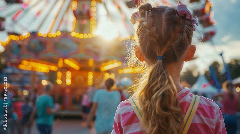 Obraz premium A young girl gazes at a vibrant carnival, surrounded by excitement and colorful lights, capturing the joy of childhood memories.