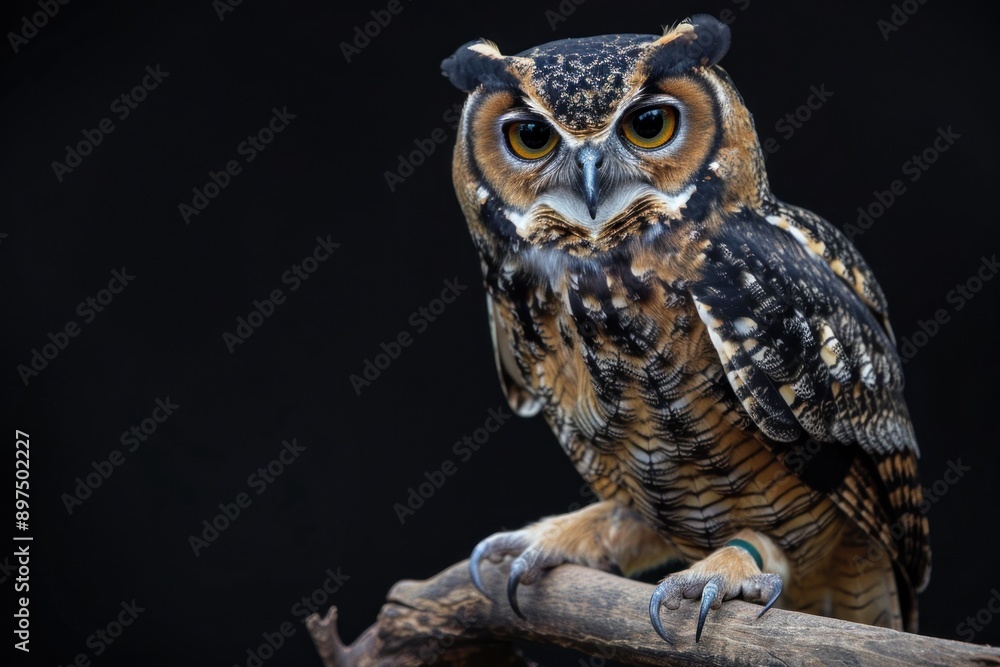 owl bubo bubo species sit on branch on black background owl bubo bubo species sit on branch on black background