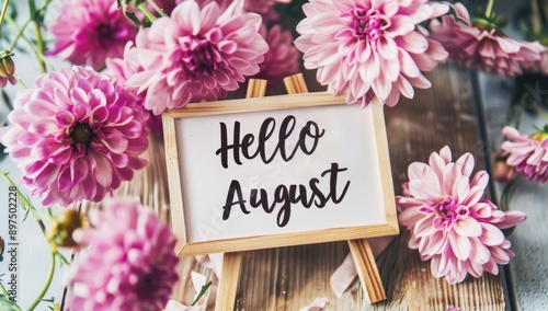 A sign with the text "Hello August" surrounded by pink flowers on wooden table, white background light gray and soft lighting, elegant calligraphy, cute and dreamy Generative AI