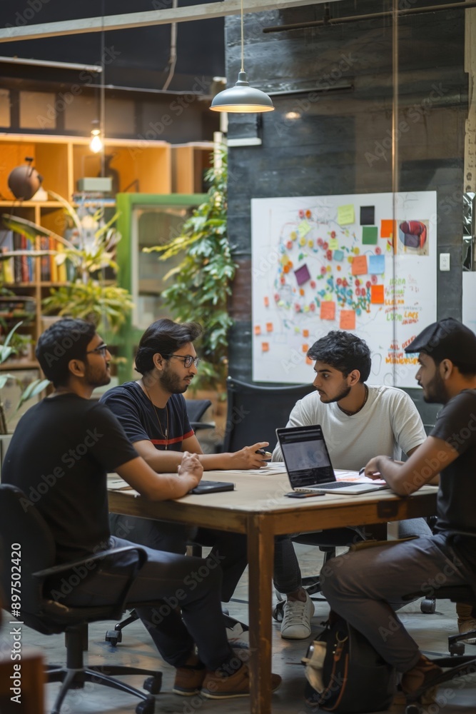 A professional team collaborates in an office meeting, utilizing technology for effective brainstorming. A professional team collaborates in an office meeting, utilizing technology for effective brainstorming.