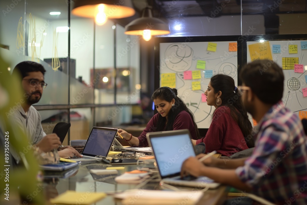 Colleagues collaborate on a business project in the office, utilizing technology to enhance their teamwork. Colleagues collaborate on a business project in the office, utilizing technology to enhance their teamwork.