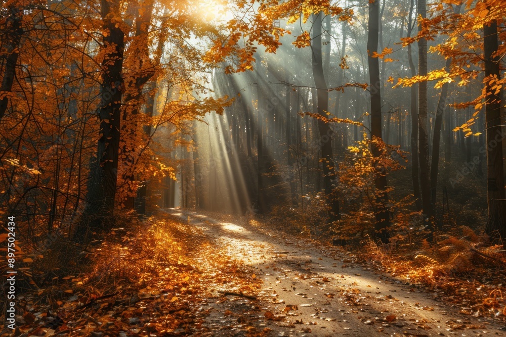 Obraz premium path in autumn forest with sun rays