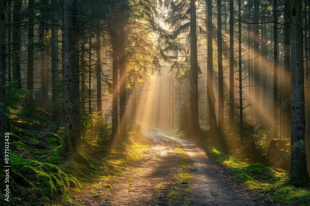 path in autumn forest with sun rays