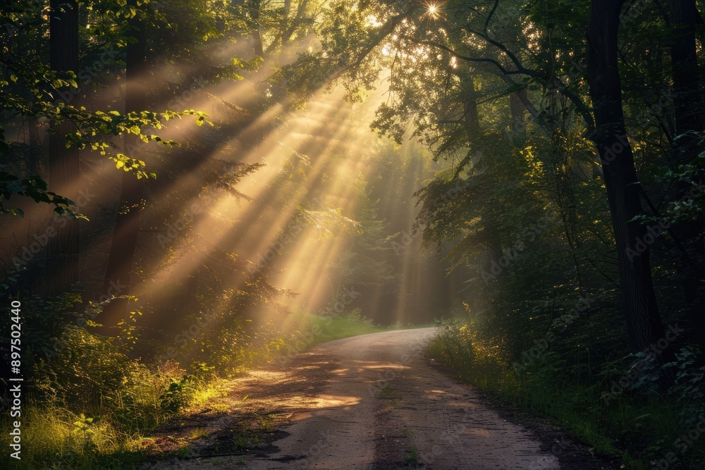 path in autumn forest with sun rays path in autumn forest with sun rays