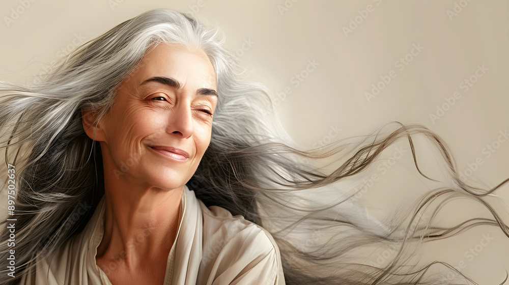 Fototapeta premium portrait of an elegant older woman with long flowing gray hair, serene expression, promoting beauty in aging, suitable for wellness, self-care, and lifestyle branding, copy space available.