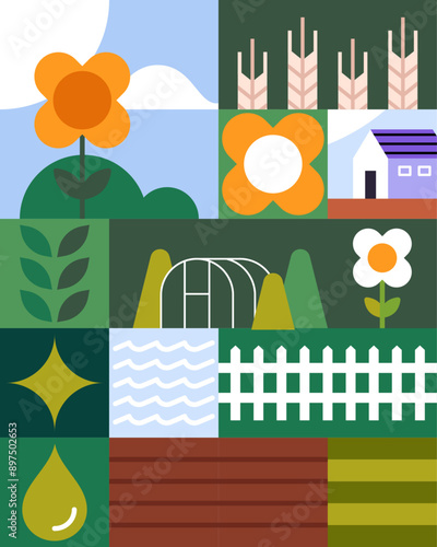Agriculture works, farm field, farmland landscapes, geometric pattern with rural field, sustainable agriculture, eco agronomy card, harvest, plants, leaves concept flat vector illustration.
