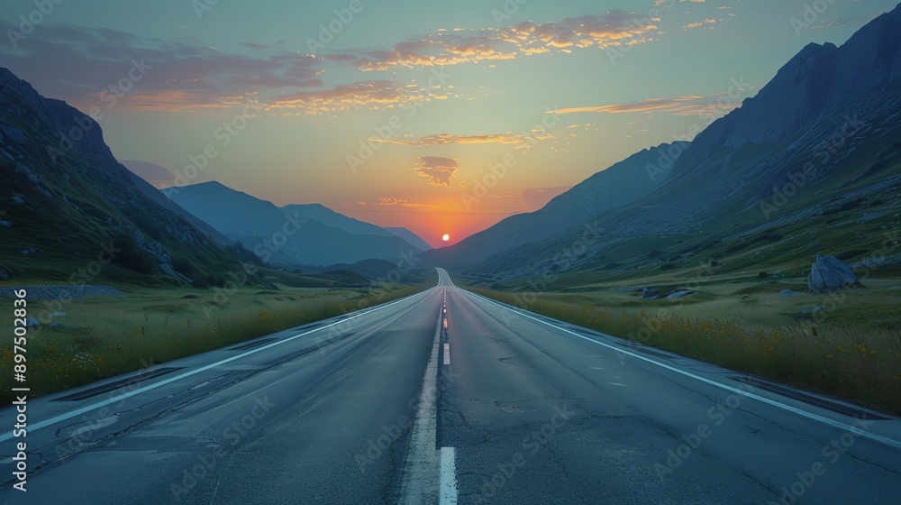 A serene road leads into the sunset, surrounded by majestic mountains and lush greenery, creating a perfect travel destination. A serene road leads into the sunset, surrounded by majestic mountains and lush greenery, creating a perfect travel destination.