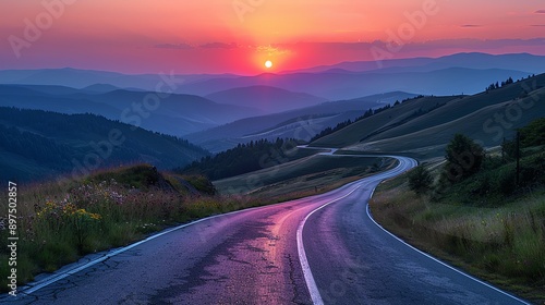 A serene landscape featuring a winding road under a vibrant sunset, surrounded by rolling hills and misty mountains. © Vangly