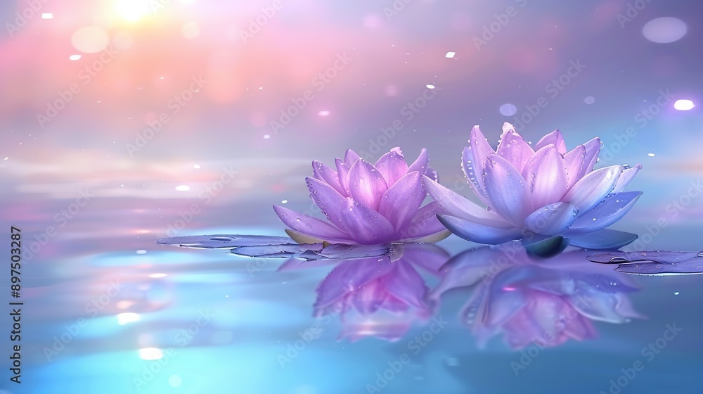 Obraz premium A pair of water lilies hover on a water surface beside a pink and blue blossom