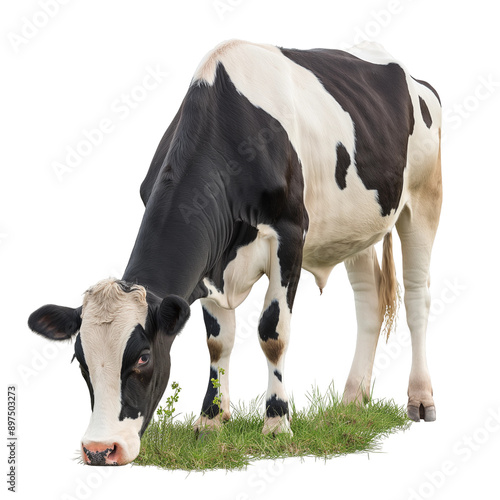 Grazing cow eating grass isolated on white or transparent background, png clipart, design element. Easy to place on any other background.