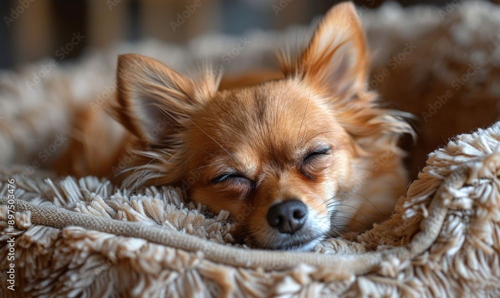 A small brown dog is sleeping in a bed A small brown dog is sleeping in a bed