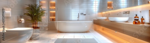 Minimalist bathroom with white tiles glass shower sleek fixtures soft lighting modern design digital render photo