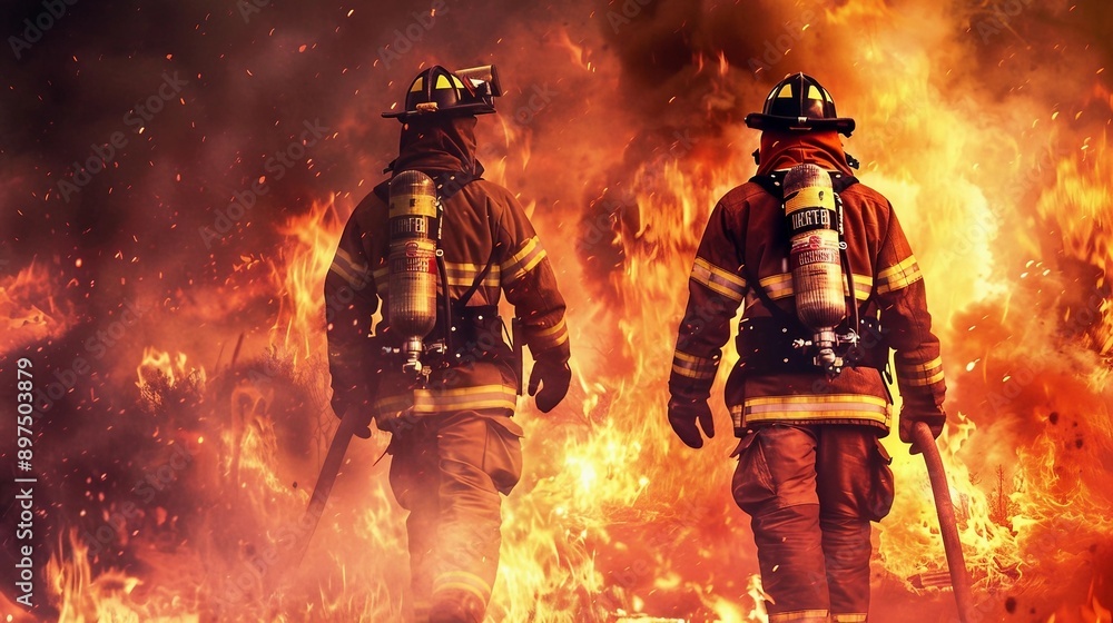 Fototapeta premium a couple of fire fighters standing in front of a fire