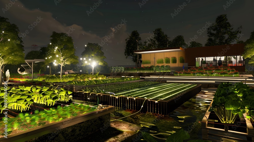 Night View of Modern Urban Farm with Hydroponic Garden and LED Lighting Night View of Modern Urban Farm with Hydroponic Garden and LED Lighting