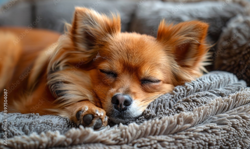 A small brown dog is sleeping on a bed A small brown dog is sleeping on a bed