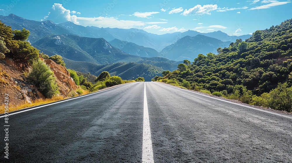 Fototapeta premium A scenic road stretches into the distance, surrounded by mountains and greenery, under a bright blue sky with fluffy clouds.