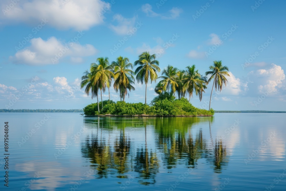 small island with palm trees and reflections on water small island with palm trees and reflections on water