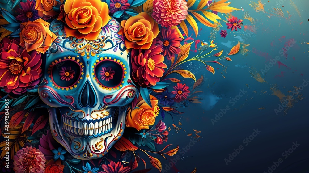 HD sugar skull with vibrant floral patterns, festive, HD sugar skull with vibrant floral patterns, festive,