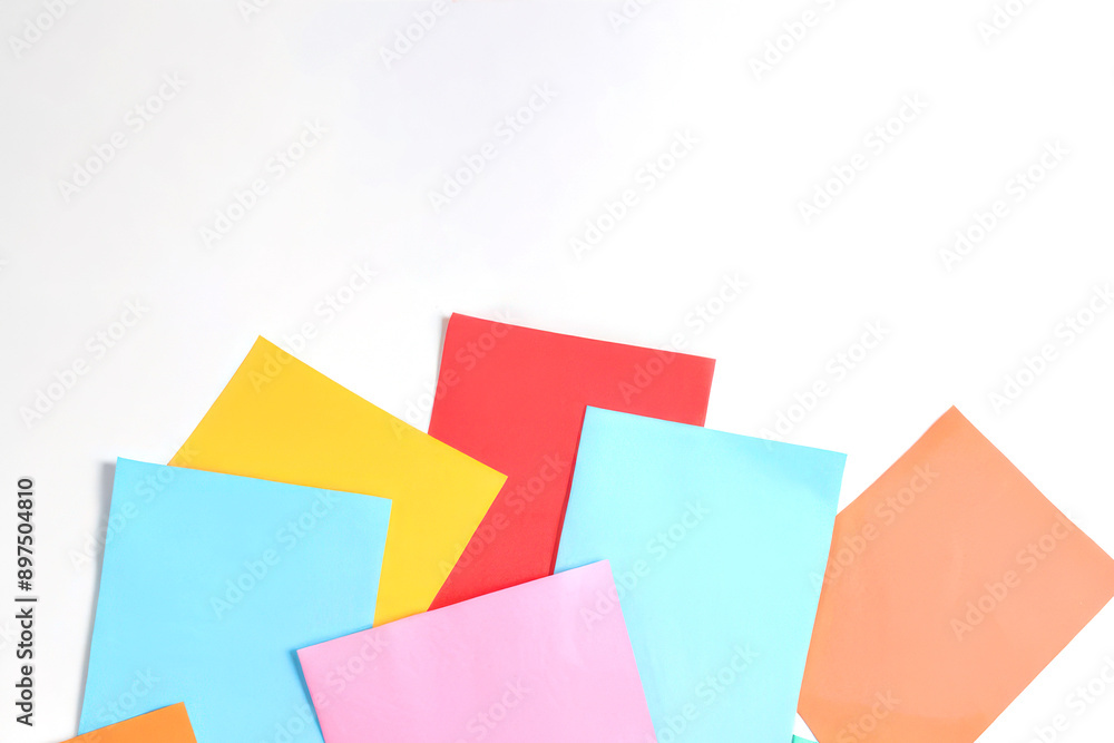 Red and Blue, White and Green Sheets of Clean Smooth Paper Lie on a Light Table. Mockup for Design and Crafts. Red and Blue, White and Green Sheets of Clean Smooth Paper Lie on a Light Table. Mockup for Design and Crafts.