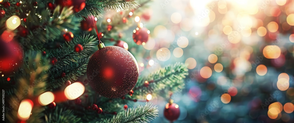 A Christmas tree with a red ornament hanging from it A Christmas tree with a red ornament hanging from it