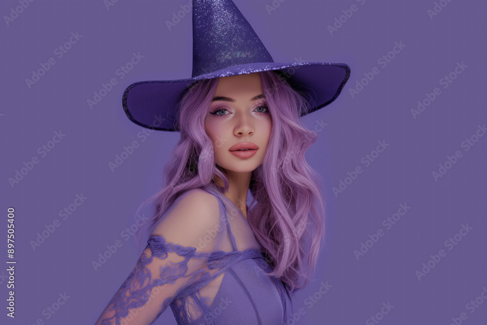 woman with future dusk purple witch hat and matching hair in sophisticated style , halloween theme woman with future dusk purple witch hat and matching hair in sophisticated style , halloween theme