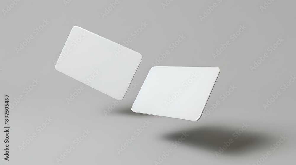Two Blank White Cards Floating on Grey Background Two Blank White Cards Floating on Grey Background